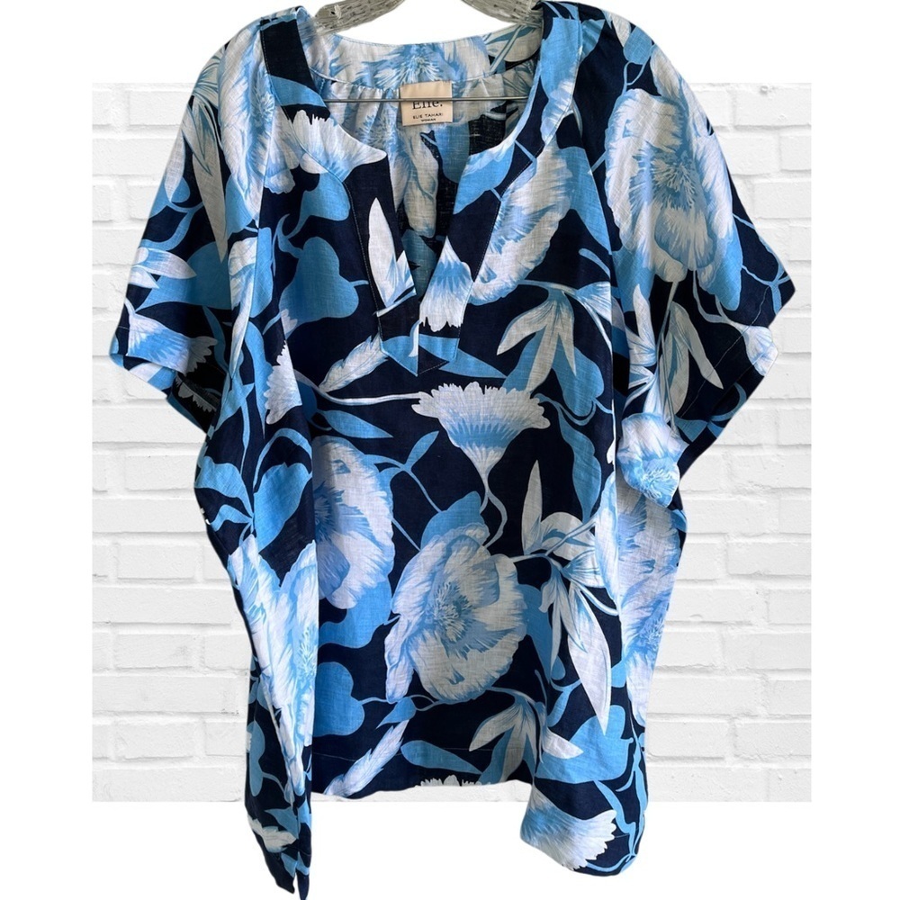 Elie Tahari 100% Linen Blue White Tropical Floral Top Beach Coastal Plus Size 2X